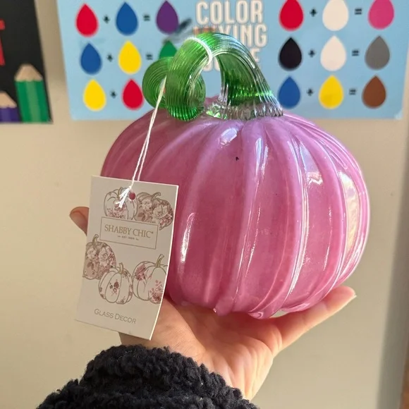 Shabby Chic Pink Glass Pumpkin with Green Stem - Picture 1 of 3